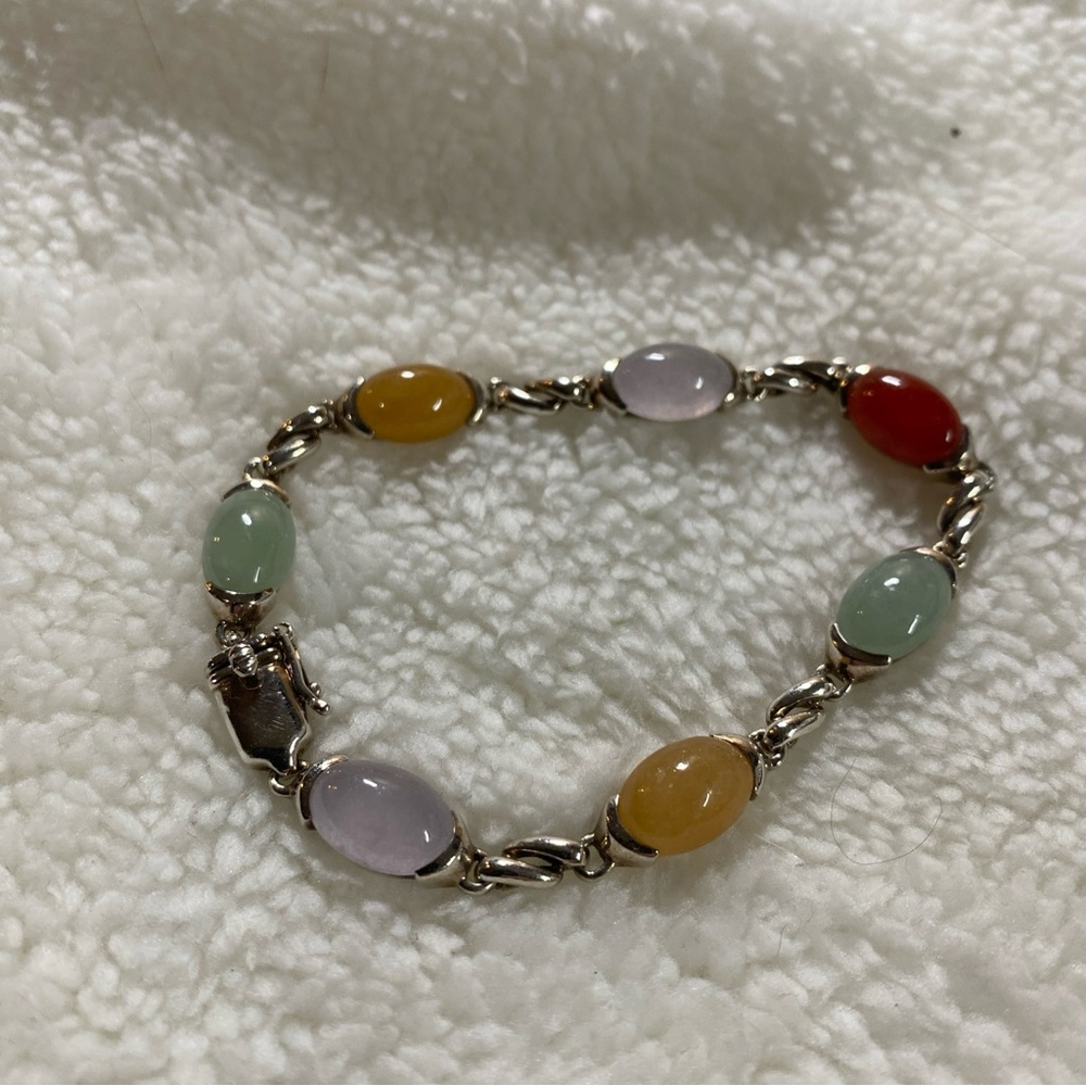 Chinese Export Sterling silver &multi colored jade cabochons bracelet 7.5” 18gra